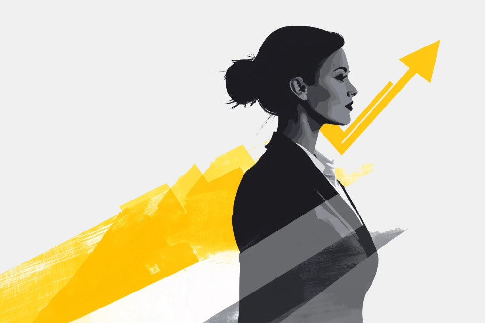 Illustration of a confident businesswoman with a yellow upward arrow behind her, symbolizing leadership growth and return on investment through executive coaching.